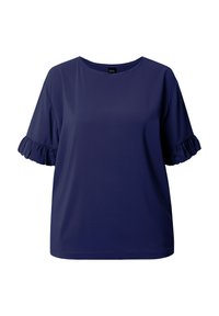 Top blu navy a maniche corte con scollatura tonda, caratterizzato da orli a volant sulle maniche e una texture di tessuto liscia e morbida.