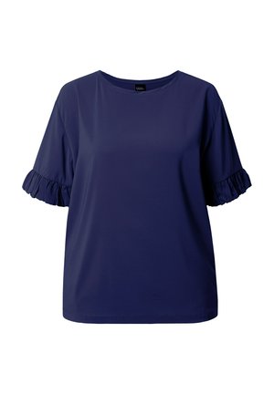 Navy blue short-sleeve top with a round neckline, featuring ruffled sleeve hems and a smooth, soft fabric texture.