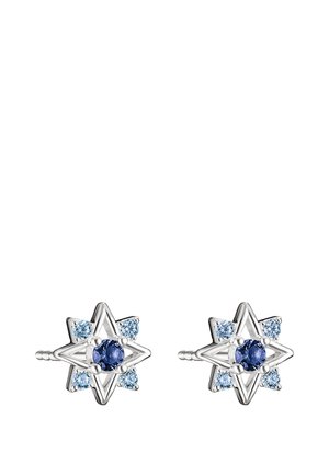 Een paar zilveren oorstekers in stervorm met een centrale donkerblauwe edelsteen en zes kleinere lichtblauwe edelstenen rond elke ster.