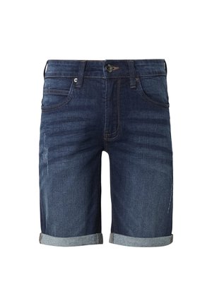 Dunkelblaue Jeansshorts mit umgeschlagenen Säumen, vorderem Knopf- und Reißverschluss sowie zwei Fronttaschen.
