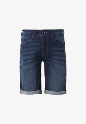 Tmavě modré džínové šortky s ohrnutými lemy, předním zapínáním na knoflíky a zipem a dvěma předními kapsami.