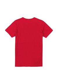 Red short-sleeve t-shirt with a round neckline; smooth texture; standard fit; no visible logos or patterns; solid color design.