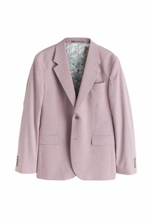 Pánský na míru šitý světle růžový blejzr s klopovým límcem s výřezy, jednoknopovým zapínáním, kapsami s klopami a květinovou podšívkou.