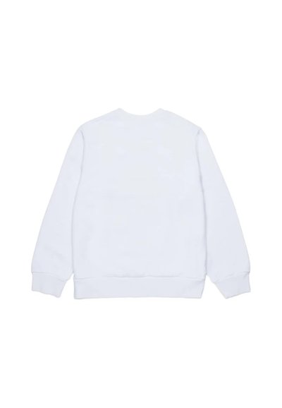 Biała bluza z długimi rękawami, okrągłym dekoltem oraz ściągaczami przy mankietach i na dole. Gładka faktura materiału; brak widocznych wzorów czy zdobień.