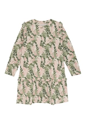 Langärmliges Kleid mit einem hellrosa und grünen tropischen Blattdruck, rüschigen Schulterakzenten und einem mehrlagigen Rockdesign.