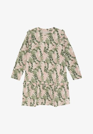 Sukienka z długim rękawem w jasnoróżowy i zielony tropikalny wzór liści, z falbaniastymi akcentami na ramionach i warstwowym krojem spódnicy.