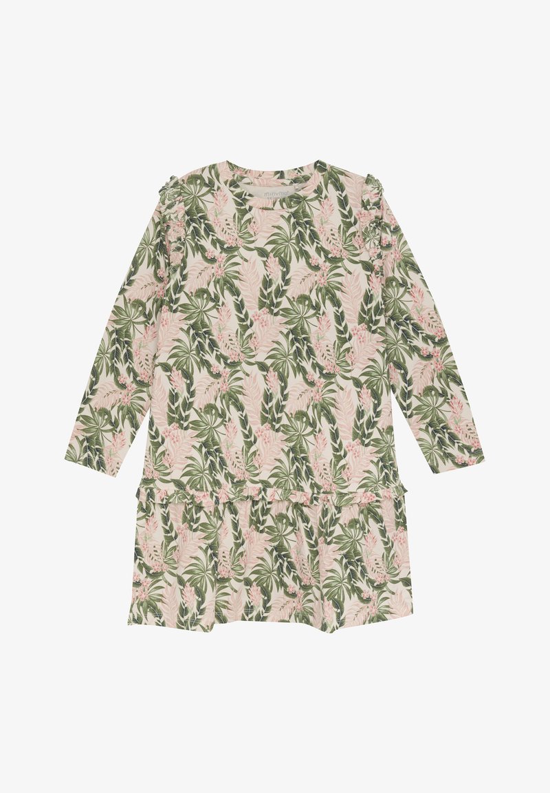 Langärmliges Kleid mit einem hellrosa und grünen tropischen Blattdruck, rüschigen Schulterakzenten und einem mehrlagigen Rockdesign.