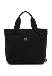 Kompaktowa czarna torba na ramię Vans z podwójnymi uchwytami, naszywką z logo z przodu, bocznym klipsem i metką z tkaniny Cordura na białym tle.