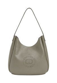 Borsa a spalla in pelle grigia con una doppia tracolla e un design di logo circolare perforato nella parte anteriore.