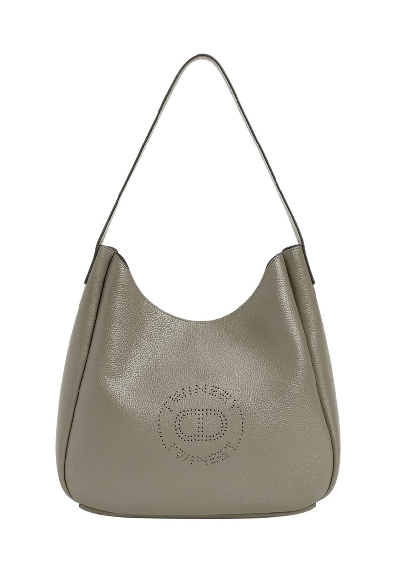 Borsa a spalla in pelle grigia con una doppia tracolla e un design di logo circolare perforato nella parte anteriore.