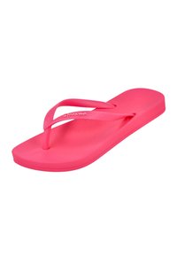 Chanclas de goma rosa con suela plana, que cuentan con dos correas en forma de V. La correa superior tiene un acabado texturizado y un logo en relieve.