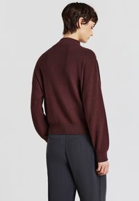 Maglione color ruggine con vestibilità comoda, spalle scese e orlo a coste. Abbinato a pantaloni grigio scuro, su uno sfondo semplice.