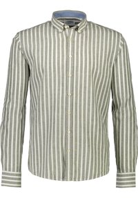 Camisa de manga larga a rayas en verde claro y blanco, hecha de lino. Presenta un cuello con botones y una tapeta frontal abotonada.