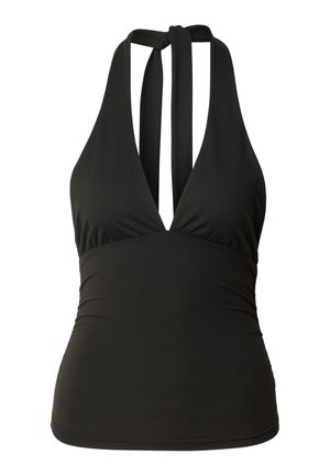 Sort tankinitop med halterneck, dyb V-udskæring og brede stropper, der bindes om nakken, tætsiddende omkring talje og torso.