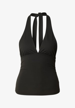Sort tankinitop med halterneck, dyb V-udskæring og brede stropper, der bindes om nakken, tætsiddende omkring talje og torso.