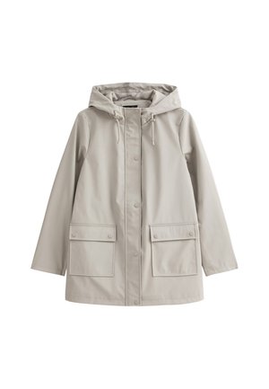 Veste imperméable gris clair avec capuche, fermeture à pression à l'avant, deux grandes poches appliquées et cordons de serrage ajustables sur la capuche.
