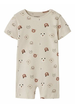 Combiné beige à manches courtes pour bébé en tissu côtelé, avec un motif de petits visages simples d'ours, de panda et de chat en marron et noir.