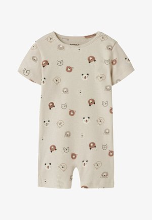 Combiné beige à manches courtes pour bébé en tissu côtelé, avec un motif de petits visages simples d'ours, de panda et de chat en marron et noir.