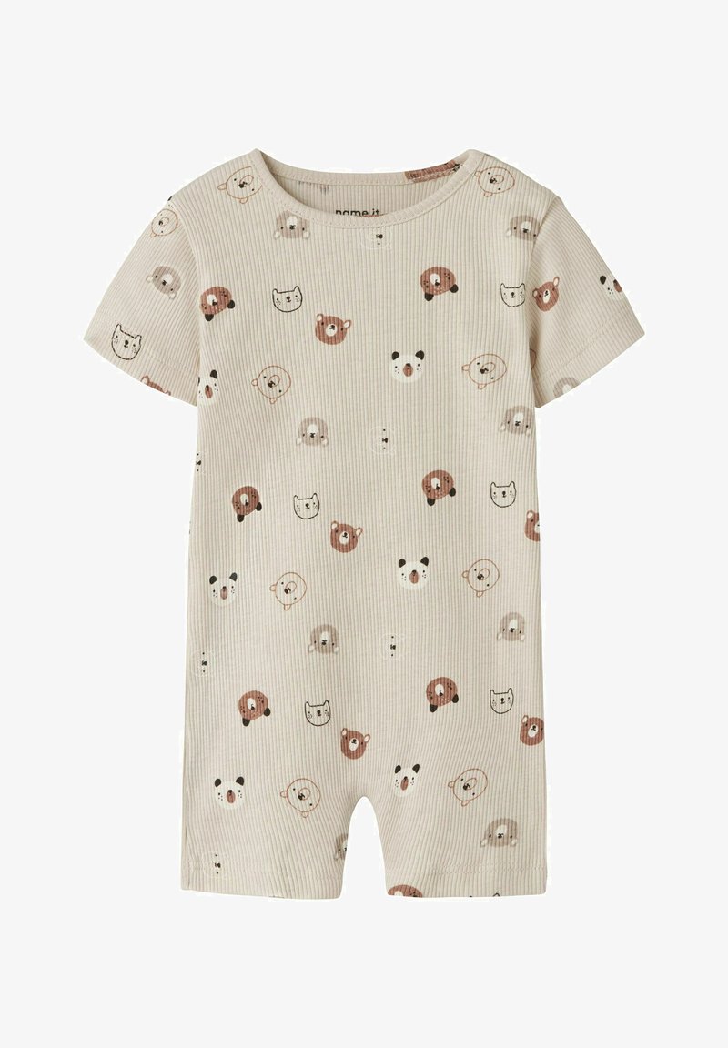 Combiné beige à manches courtes pour bébé en tissu côtelé, avec un motif de petits visages simples d'ours, de panda et de chat en marron et noir.