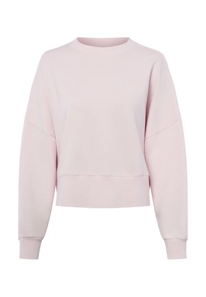 Felpa girocollo a maniche lunghe color rosa chiaro con spalle scese e polsini e orlo a coste, mostrata su sfondo bianco.