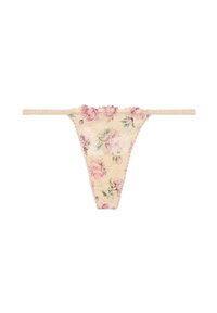 Chilote din dantelă florală în bej deschis, având modele florale roz și verde, margini ondulate și sârme laterale subțiri, conceput pentru o acoperire minimă.
