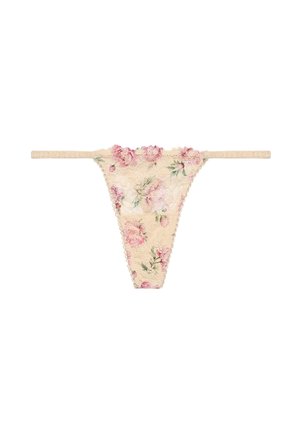 Bloemenkant string in lichtbeige, met roze en groene bloemenpatronen, gegolfde randen en dunne zijkantbandjes, ontworpen voor minimale bedekking.