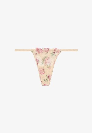 Bloemenkant string in lichtbeige, met roze en groene bloemenpatronen, gegolfde randen en dunne zijkantbandjes, ontworpen voor minimale bedekking.