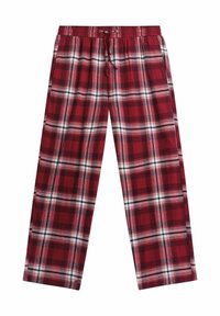 Rode geruite pyjamabroek met een elastische tailleband en trekkoord. Heeft witte en zwarte controlepatronen. Gemaakt van zachte, gestructureerde stof.