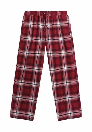 Rode geruite pyjamabroek met een elastische tailleband en trekkoord. Heeft witte en zwarte controlepatronen. Gemaakt van zachte, gestructureerde stof.