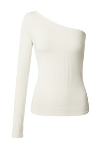 Witte ribbelige top met lange mouwen en één schouderontwerp, aansluitende pasvorm en gladde textuur. Eenvoudig, strak uiterlijk zonder patronen of accenten.