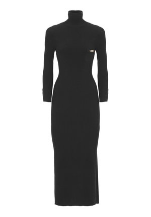 Schwarzes, gestricktes, langärmliges Kleid mit hohem Kragen und seitlichem Schlitz. Verfügt über eine kleine aufgesetzte Tasche mit goldfarbenem Hardware-Detail.