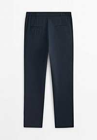 Dark navy pants made from smooth fabric, featuring an elastic waistband, two front pockets, and a tailored slim fit design.