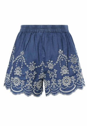 Blå bomuldsshorts med hvid blomsterbroderi og bølget kant, med elastisk talje.
