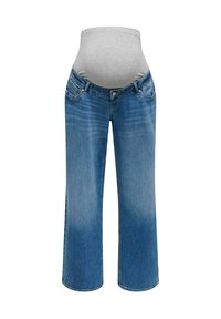 Pantalones vaqueros de maternidad con una cinturilla elástica gris, denim azul claro, corte de pierna ancha, bolsillos delanteros y un ligero desgastado en las piernas.