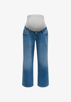 Rasedusjeansid halli veniva vööga, helesinine teksakangas, laiad sääred, ees taskud ja kerge kulumistegur jalgade peal.