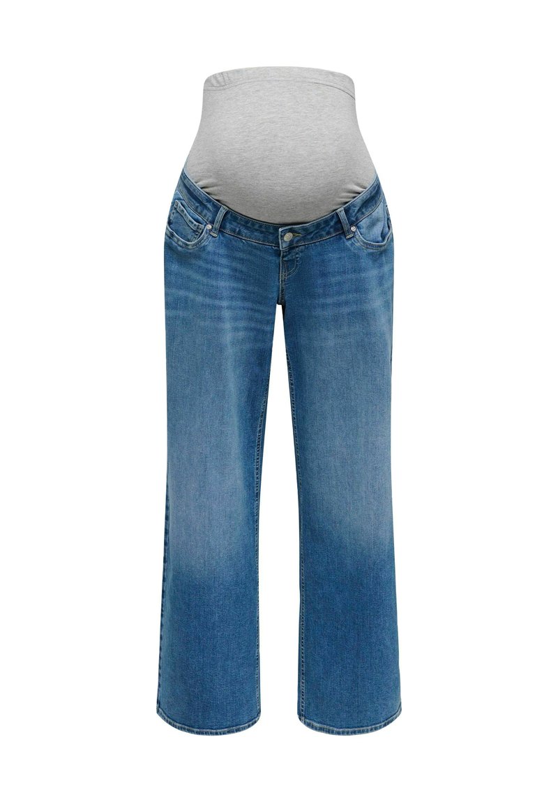 Pantalones vaqueros de maternidad con una cinturilla elástica gris, denim azul claro, corte de pierna ancha, bolsillos delanteros y un ligero desgastado en las piernas.