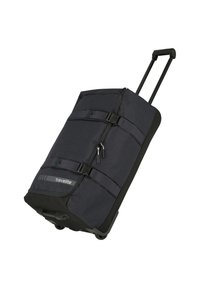 Borsa da viaggio a forma di tubo in tessuto grigio scuro con cinghie regolabili, chiusura a zip e fondo rigido; dotata di manico telescopico e ruote.