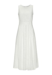 Weißes ärmelloses Kleid mit einem strukturierten bestickten Blumenmuster, A-Linien-Silhouette und einem knielangen Saum. Mit Reißverschluss an der Rückseite.