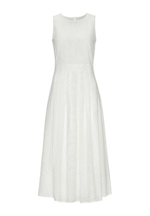 White sleeveless dress featuring a textured embroidered floral pattern, A-line silhouette, and a knee-length hem. Back zipper closure.
