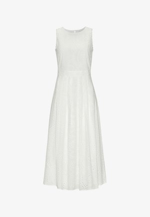 Weißes ärmelloses Kleid mit einem strukturierten bestickten Blumenmuster, A-Linien-Silhouette und einem knielangen Saum. Mit Reißverschluss an der Rückseite.