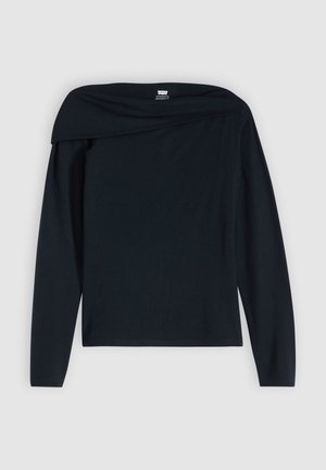 Μαύρο μακρυμάνικο τοπ με σχέδιο που αποκαλύπτει τους ώμους, λεία υφή και μινιμαλιστικό στυλ. Διαθέτει λαιμόκοψη τύπου crew και εφαρμοστή σιλουέτα.