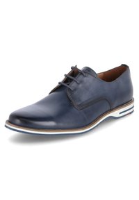 Dunkelblaue Lederschuhe mit glatter Textur, spitzer Zehenform, Schnürdesign und weißen sowie blauen gestreiften Sohlenakzenten.