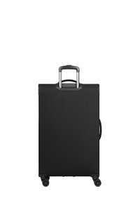 Zwarte koffer op wielen met een gestructureerd oppervlak, uittrekbare handgreep en twee zijhandvatten. Beschikt over vier wielen voor verbeterde mobiliteit.