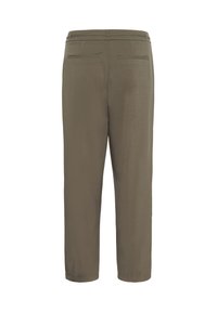 Pantalons ajustés vert olive avec une texture lisse, présentant une taille plate et deux poches au dos. Coupe droite, détails minimaux.