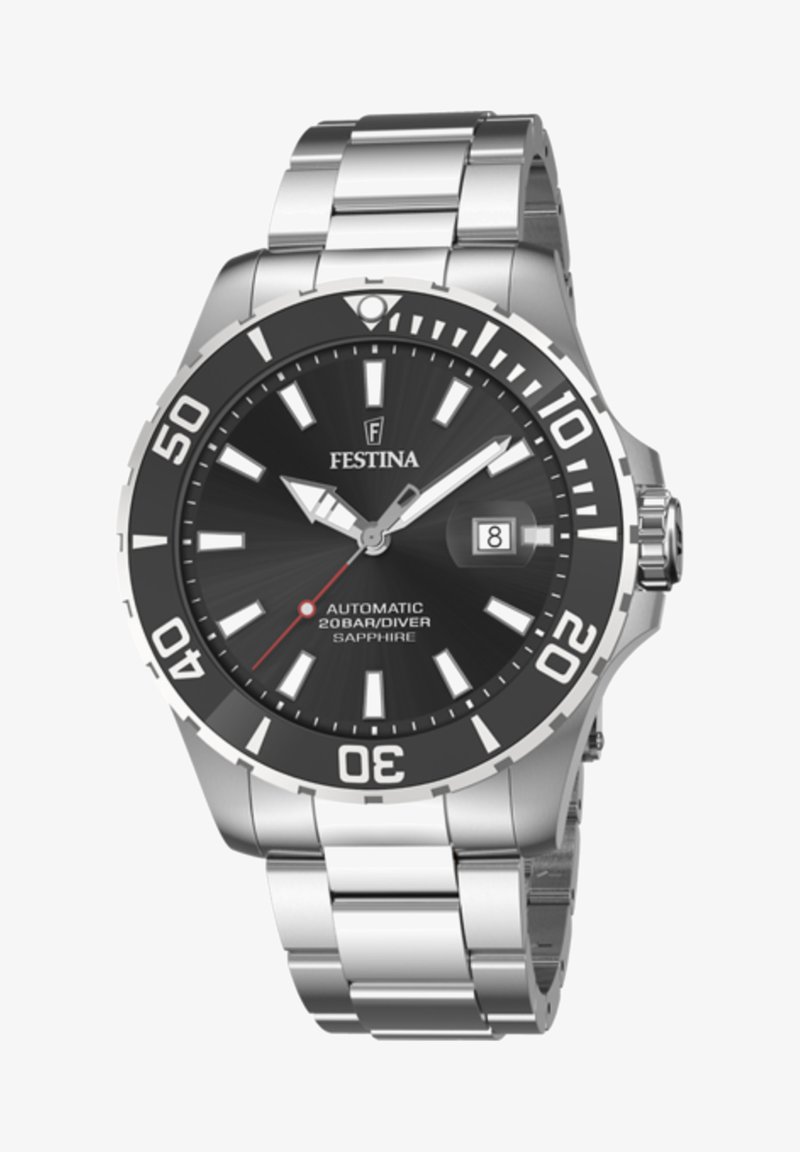 Nerūsējošā tērauda pulkstenis ar melnu ciparnīcu, spīdīgiem stundu indikātoriem un sarkaniem akcentiem. Aprīkots ar datuma logu un safīra kristālu. 20 bāru ūdensizturība.