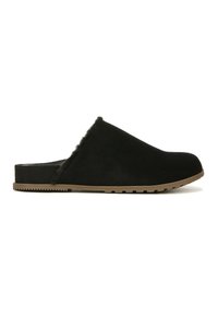 Zwarte suede instapklompen met een zachte bontvoering en een dikke, gestructureerde rubbersole met een profielontwerp voor grip.