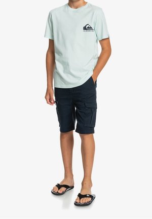 Jasnozielona miętowa bawełniana koszulka z czarnym logo, w połączeniu z granatowymi szortami cargo z kieszeniami oraz czarnymi klapkami.