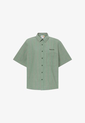 Green short-sleeve button-up shirt with vertical stripes, chest pocket on the left, and Timberland logo embroidered above pocket.
