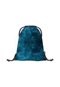 Zaino a corda color teal realizzato in materiale testurizzato, con un motivo tie-dye e accenti più scuri, cordini neri regolabili e un'etichetta sul lato.