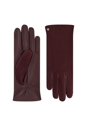 Burgundy leather gloves with a smooth texture, featuring a gathered wrist and a contrasting softer material on the palm for grip.